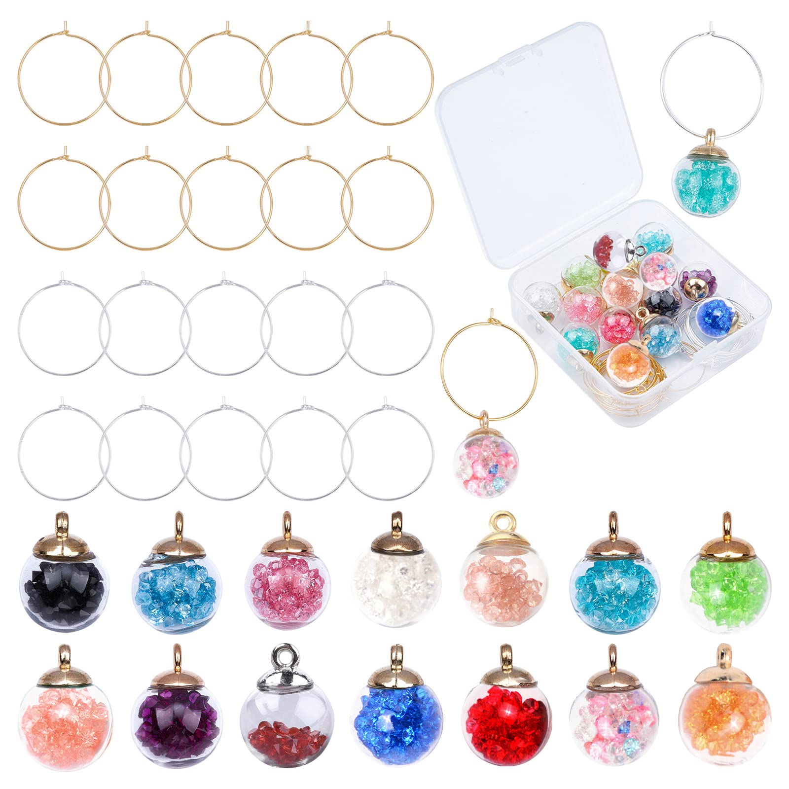 SUNNYCLUEWine Glass Charms Tags Wine Glass Identifiers Markers with 14 Pieces Glass Beads & 20 Pieces Hoop Earrings Findings for Party Christmas Wedding Valentines Day Favors Family Gathering UK