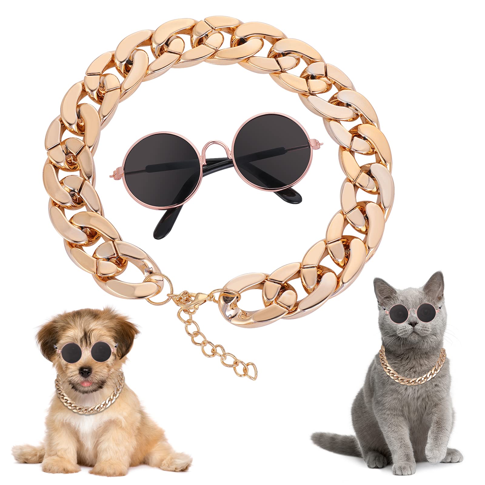 cobee Cat Sunglasses, Retro Kitten Sunglass with Rose Gold Chain Eye UV Protection Classic Small Cat Glasses Cosplay Costume for Photo Props Cute Pet Decorations for Birthday Party