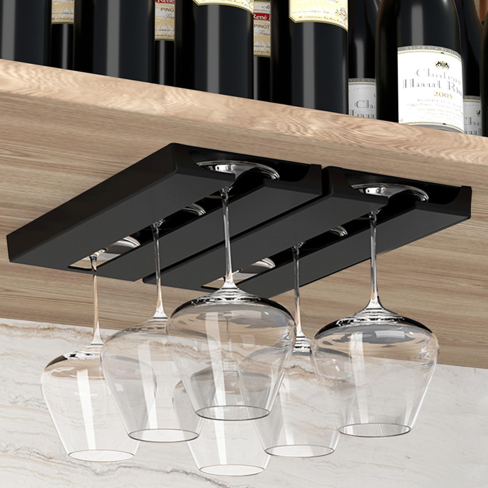 Vaisoeny Wine Glass Rack， Wine Glass Holder Under Cabinet - Under Cabinet Stemware Wine Glass Holder Glasses Storage Hanger plastic Organizer for Bar Punch-free Self-adhesive 2Pack（Black）