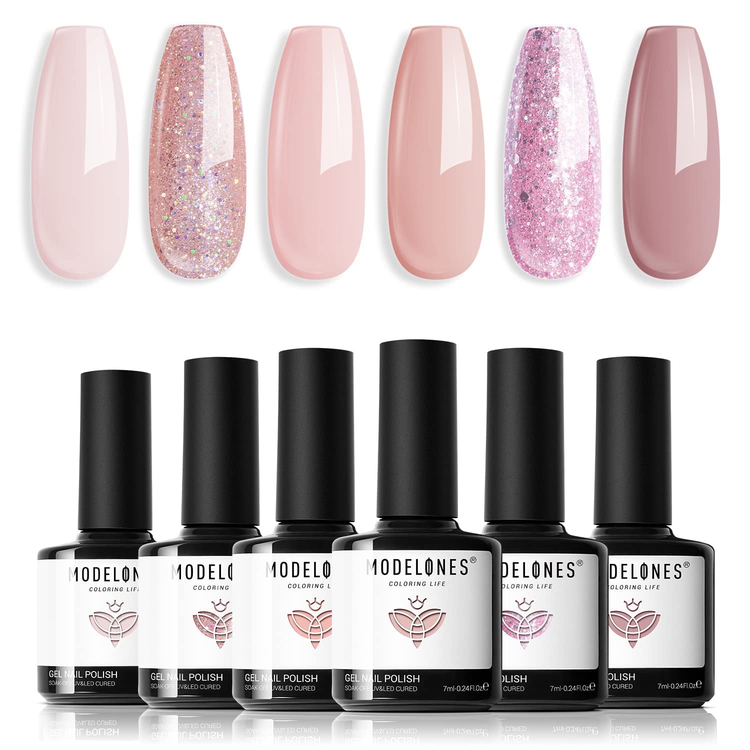 modelonesGel Nail Polish, Nude Pink 6 Colors Gel Nail Polish Set Neutral Pink Glitter Nail Polish Gel Classic Nude Sheer Pink Gel Polish LED Nail Art Manicure Soak Off DIY Salon Gifts for Women Girls