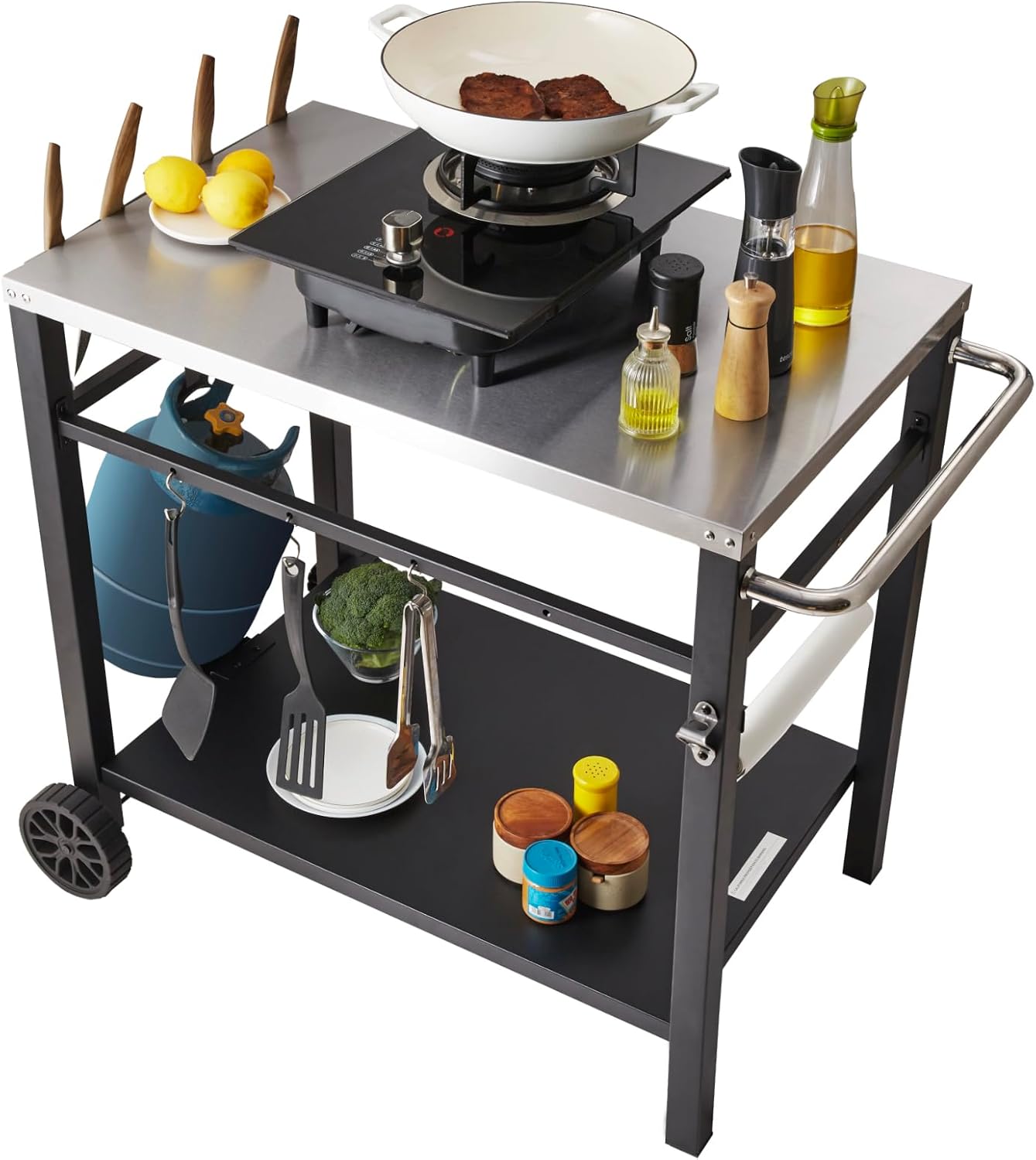 VEVOR Outdoor Grill Dining Cart with Double-Shelf, BBQ Movable Food Prep Table, Multifunctional Stainless Steel Table Top, Portable Modular Carts for Pizza Oven, Worktable with 2 Wheels, Carry Handle