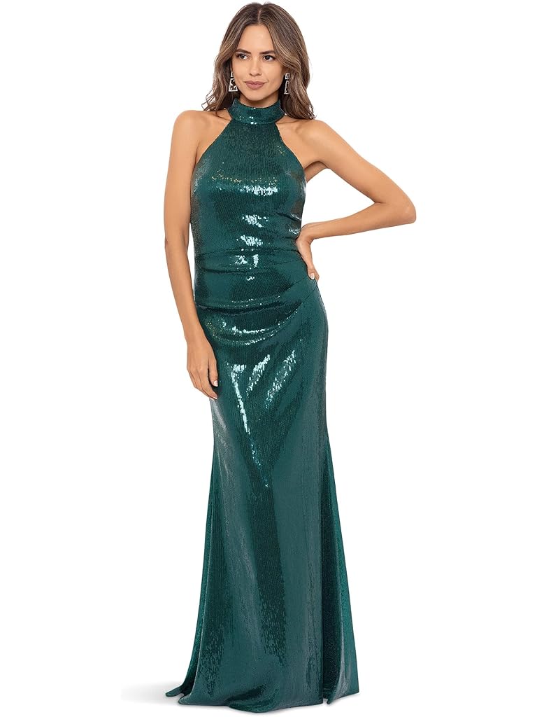 Betsy & Adam Long Sequin Mock Neck T-Back Gown