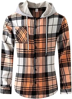 Mens Hoodie Plaid Shirt Long Sleeve Lightweight Flannel Shirt Jackets Casual Button Down Proclub Shirt Flannel Men