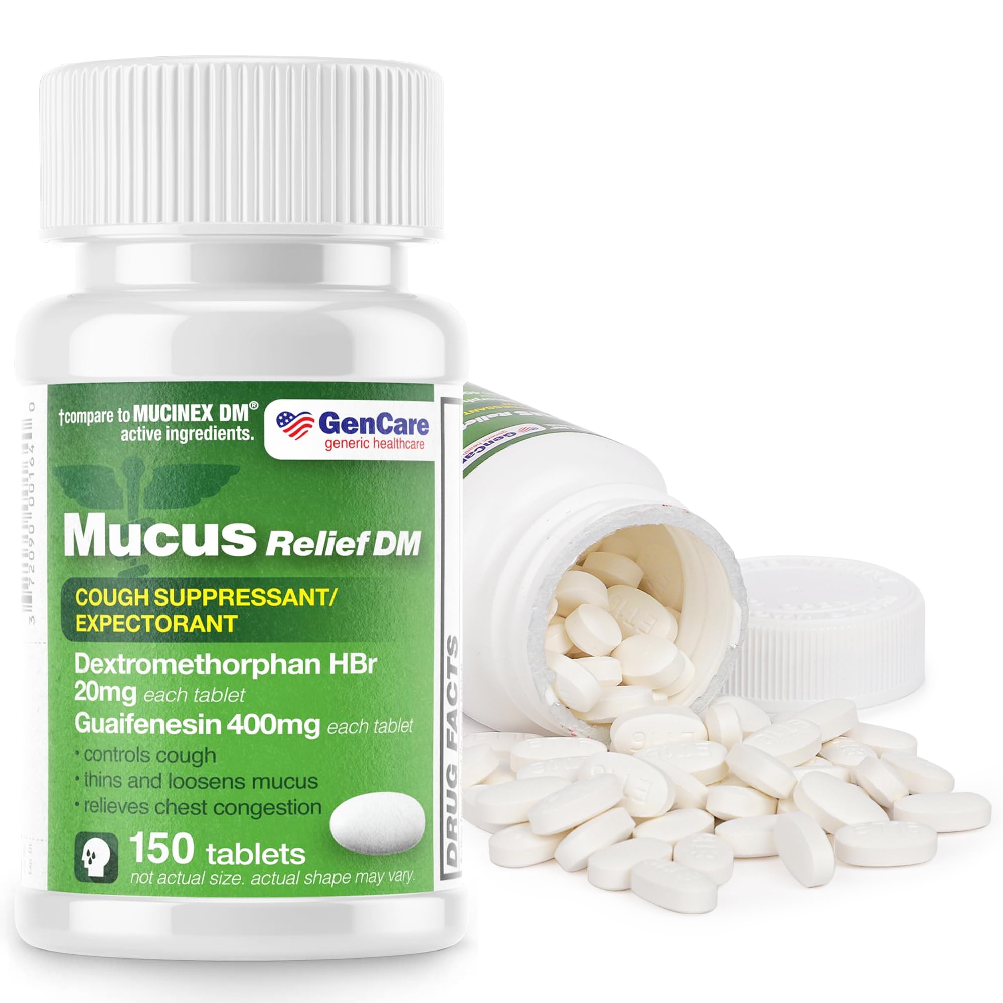 GenCare - Mucus Relief DM (150 Count Value Bottle) Dextromethorphan HBr 20mg Guaifenesin 400mg | Generic Mucus Relief DM | Immediate Release Uncoated Cough & Mucus Expectorant Pill