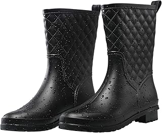 Petrass Women Rain Boots Black Waterproof Mid Calf Lightweight Cute Booties Fashion Out Work Comfortable Garden Shoes