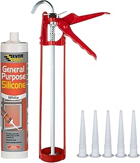 White Silicone Sealant Anti Mould Set - Bundle Includes Everbuild General Purpose Waterproof Sealant, 11' Inch Caulking Gu...