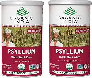 Organic India Psyllium Herbal Powder - Whole Husk Fiber, Healthy Elimination, Keto Friendly, Vegan, Gluten-Free, USDA Certified Organic, Non-GMO, Soluble & Insoluble Fiber Source - 12 Oz Canister (Pac