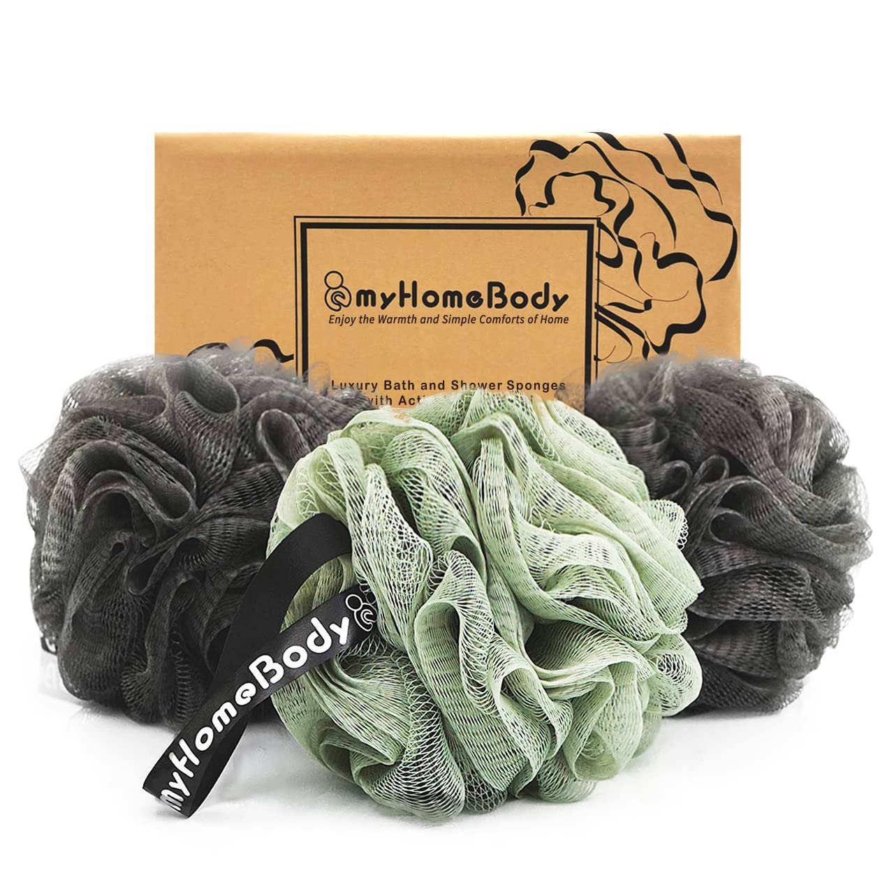 myHomeBody Large 70g Loofah Sponge, Bath Body Scrubber for Women, Men, Exfoliating Shower Pouf with Activated Charcoal - 2 Graphite Gray + 1 Sage Green, 3 Pack