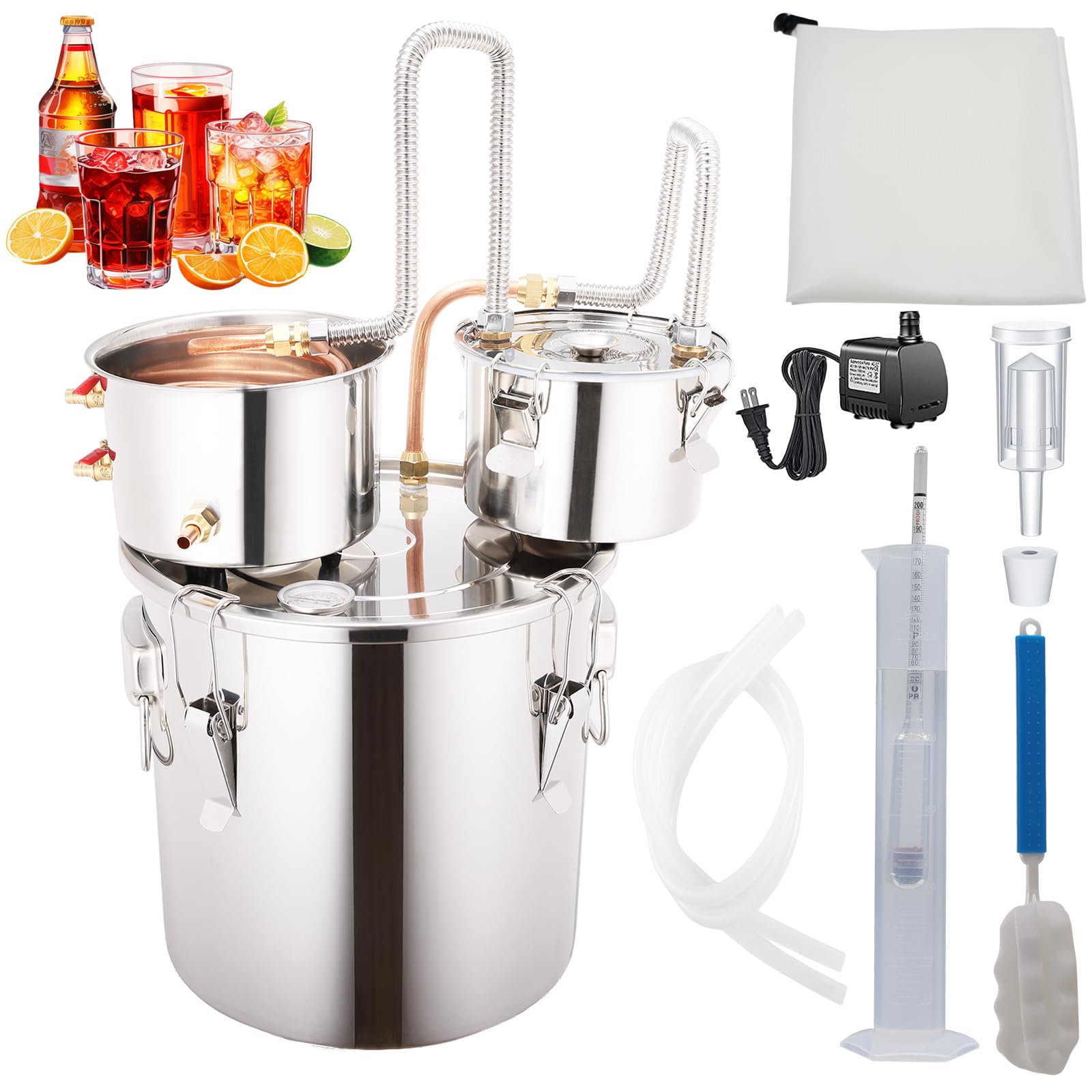 Alcohol Still 8 GAL 3 Pots Shine Still Distillery Kit for Alcohol Stainless Copper Tube Complete with Thumper Keg Water Pump Metal Thermometer Airlock Brew Bag Proof Alcoholmeter Test Kit