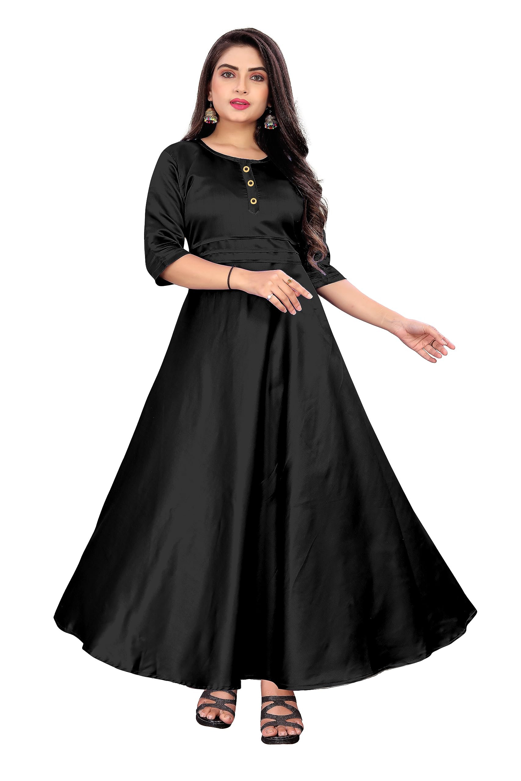 Basaglar Women's Solid Taffeta Silk Half Sleeve Tunic Fit Round Neck Ethnic Wear Gown (S_R_2001)