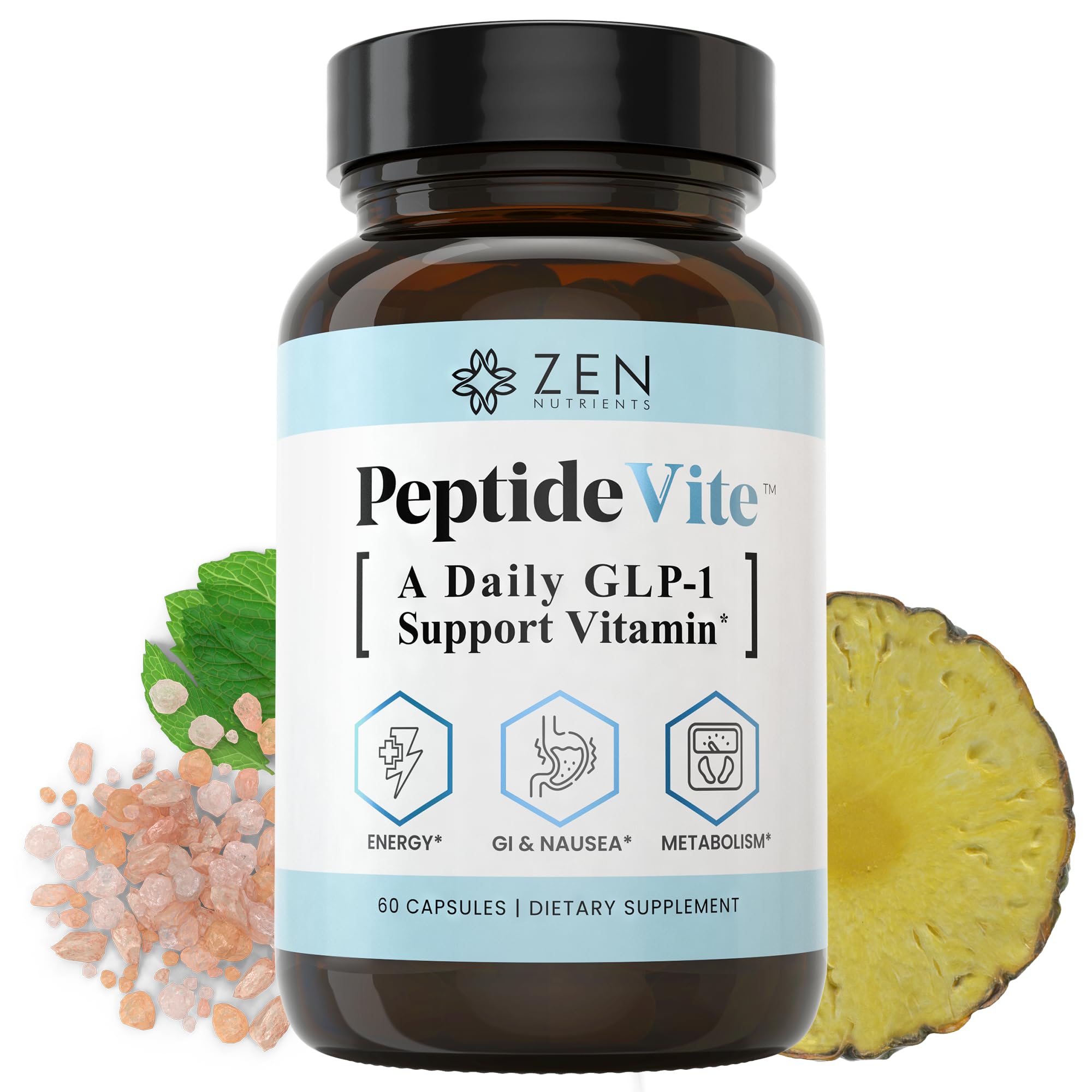 Zen Nutrients PeptideVite GLP-1 Support Vitamin for Gut Health with Probiotics, Bromelain, Chromium Picolinate & Organic Ginger (60 Capsules)