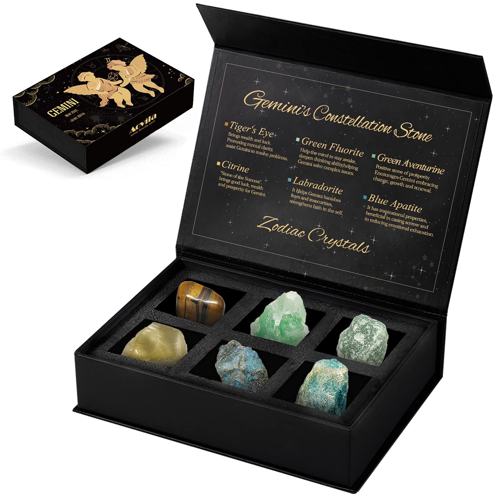 AovilaGemini Crystals Set, Zodiac Signs Healing Crystals Birthstones with Horoscope Box Set