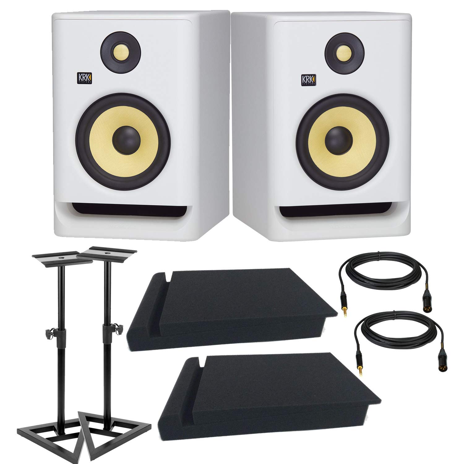 (2) KRK ROKIT 7 G4 7″ Studio Monitor (White), Monitor Stands, Foam Pads, (2) XLR to 1/4 Cables Bundle