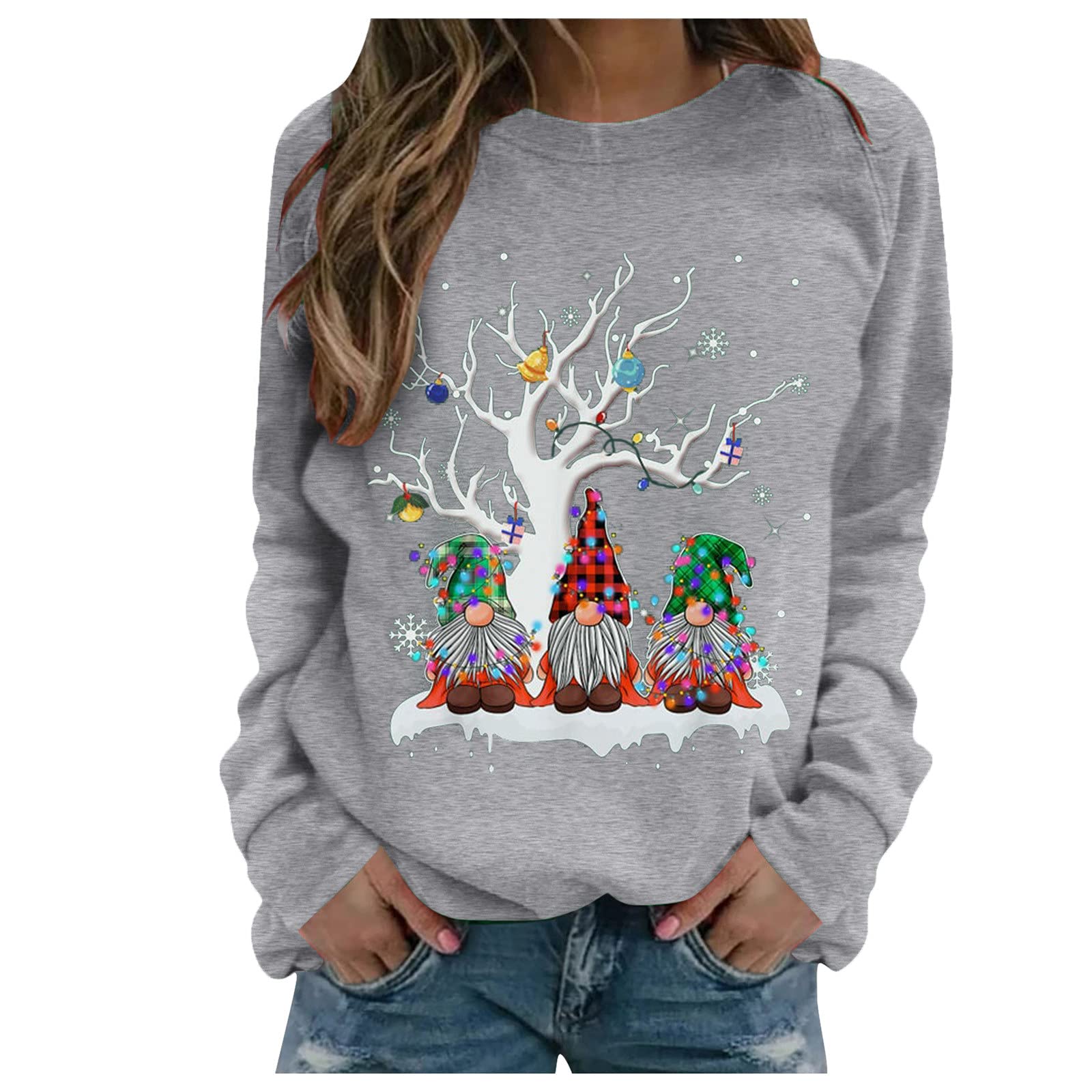 GenericChristmas Sweatshirts for Women Long Sleeve Crewneck Top Plus Size Cute Graphic Print Pullovers Womens Fashion Clothes 2023