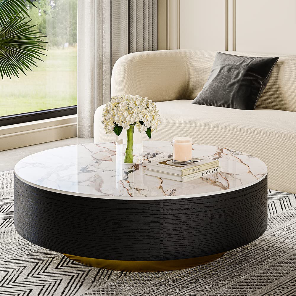 Buy POVISON Modern Drum Coffee Table with Oak Veneer, Sintered Stone ...