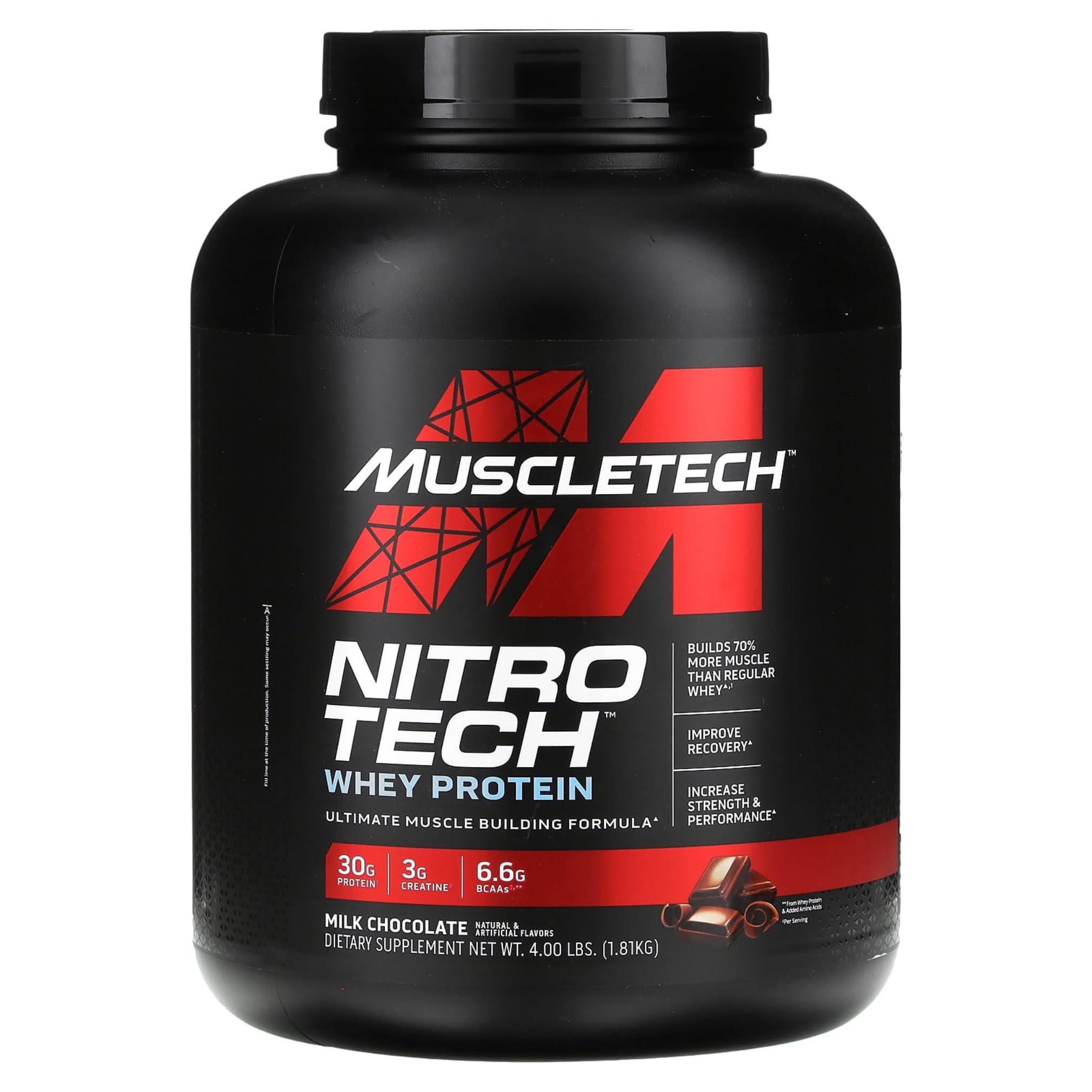 Muscletech NitroTech Whey Protein Ultimate Muscle Building Formula with a Unique Blend of Whey Protein Isolate & Peptides - 30gm Protein, 3gm Creatine & 6.6gm BCAAs, Milk Chocolate Flavor, 4.00 lbs