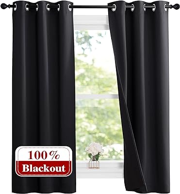 NICETOWN Complete 100% Blackout Curtain Set, Thermal Insulated & Energy Efficiency Window Draperies with Black Liner, Noise Reducing Short Curtains for Kids Room (Black, 37"W by 63"L, Double Panels)