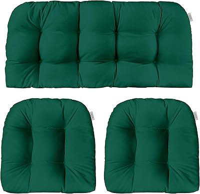 RSH DECOR: Sunbrella 3-Piece Wicker Tufted Cushion Set | Standard Size | Performance Fabric | Outdoor Settee Loveseat & U-Shape Seat Cushions for Patio Furniture | Canvas Forest Green