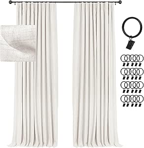 INOVADAY 100% Blackout Curtains for Bedroom, Black Out Curtains Clip Rings/Rod Pocket Linen Blackout Drapes 2 Panels Set, Thermal Insulated Drapes for Living Room, Beige, W50 x L120