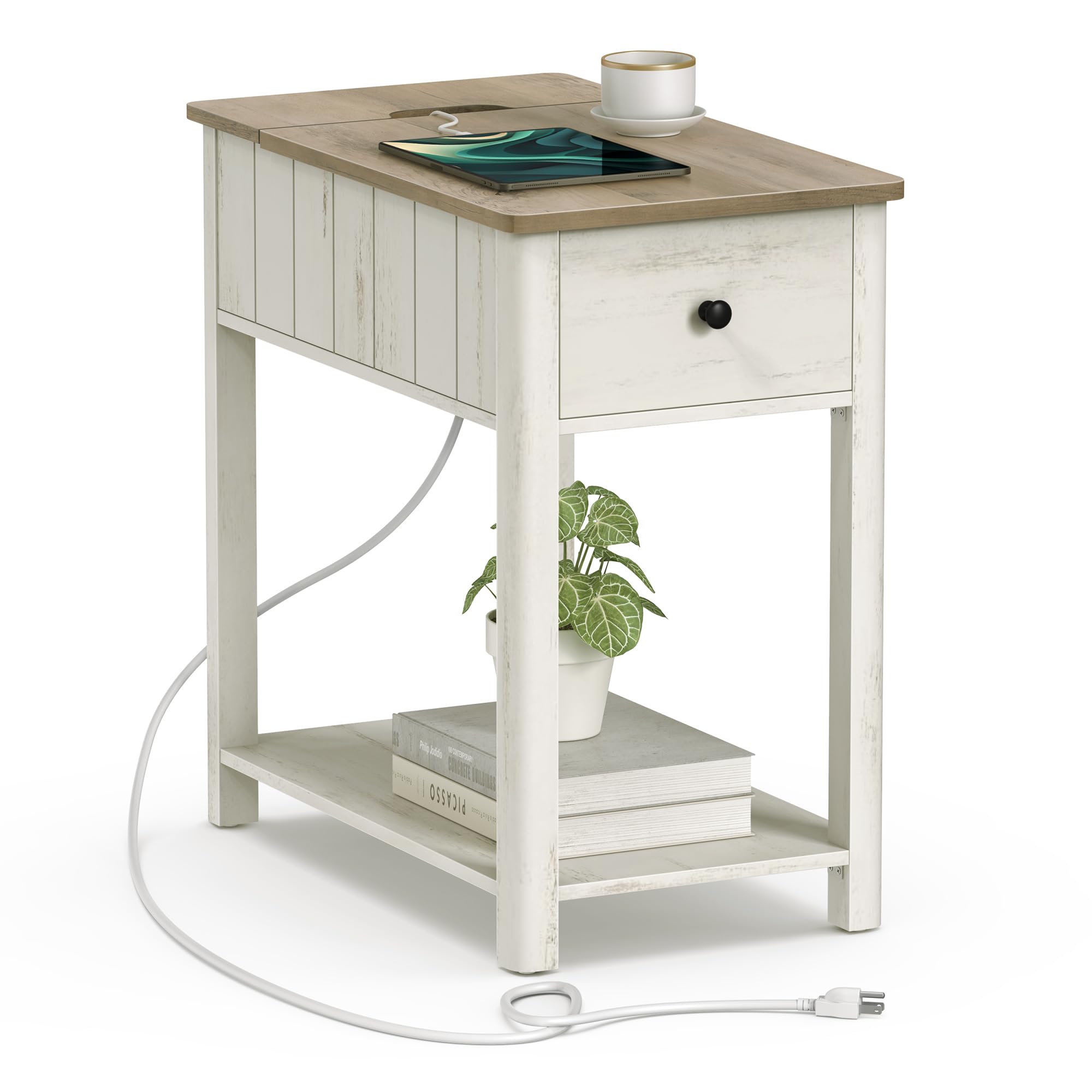 VASAGLE Side Table with Charging Station, End Table with USB Ports and Outlets, Nightstand with Storage, for Living Room, Bedroom, Modern Farmhouse Style, Vintage White and Heather Greige ULET318W73