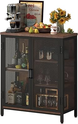 BON AUGURE Coffee Bar Cabinet for Liquor, Small Storage Cabinet for Home Kitchen, Farmhouse Buffet Sideboard Table Station, Whiskey Alcohol Cabinets for Dining Living Room (2 Doors, Rustic Oak)