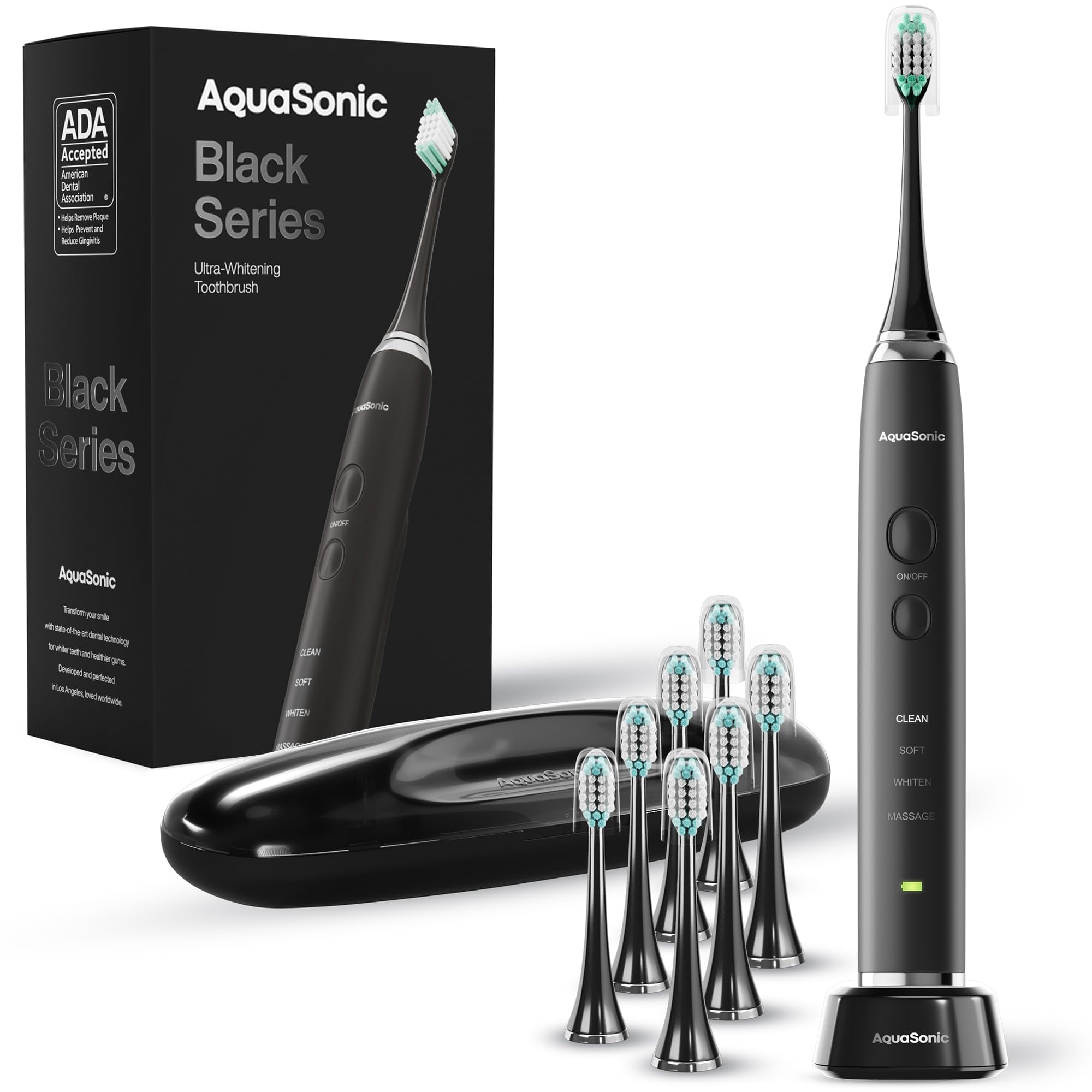 AquasonicBlack Series Ultra Whitening Toothbrush – ADA Accepted Electric Toothbrush- 8 Brush Heads & Travel Case – 40,000 VPM Electric Motor & Wireless Charging - 4 Modes w Smart Timer