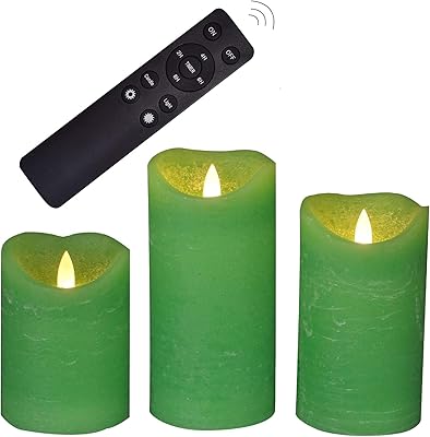 CANDLE CHOICE Battery Operated Flameless Candles with Remote Timer Real Wax Realistic Bright Flickering Electric LED Pillars Lights Wedding Party Christmas Decorations Set of 3 Rustic Texture Green