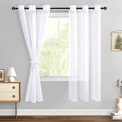 Hiasan White Sheer Curtains for Bedroom with Tiebacks, Lightweight Airy Breathable Voile Drapes Light Filtering Grommet Window Curtains for Living Room, Nursery, Farmhouse, W36 x L63, 2 Soft Panels