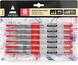 ARTEZA Water Brush Pen, Set of 6, Assorted Soft Nylon Bristle Tips, Self-Moistening Water Brush, Refillable Water Pen