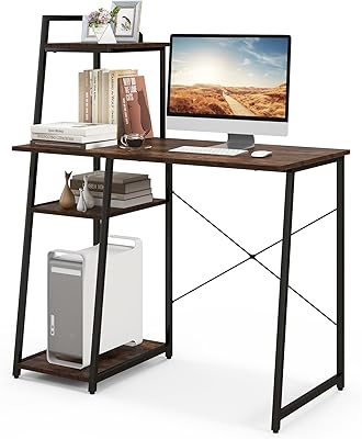 COSTWAY Computer Desk with 4-Tier Storage Shelves, Home Office Desk Writing Table with Sturdy X-Shape Frame, Adjustable Foot Pads, Modern Simple Style Small Study Desk, Wide Tabletop (Brown and Black)