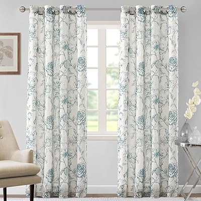 H.VERSAILTEX Natural Linen Curtains - Printed Sheer Airy Light Filtering Window Treatment for Bedroom, Office, Nursery, W 52" x L 84", 2 Panels, Pencil Sketch Style Floral Panels, Stone Blue