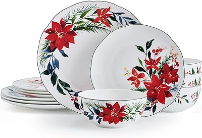 Mikasa Merry Poinsettia Holiday Bone China Lightweight Chip Resistant 12 Piece Dinnerware Set, Service for 4