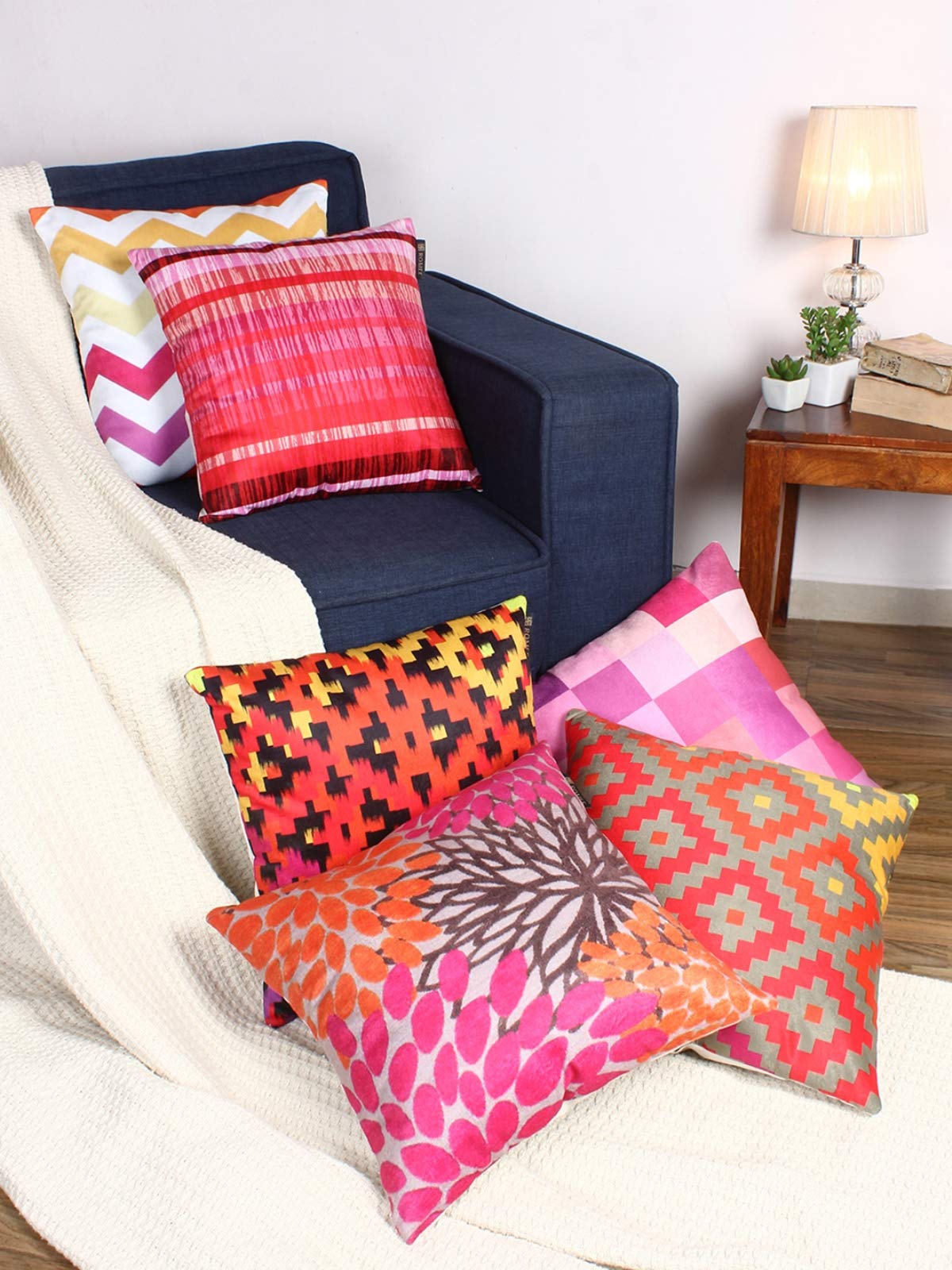 ROMEE Geometric Velvet Cushion Cover Set of 6 - (16 X 16 Inches) |Soft & Luxurious Cushion Cases for Bedroom, Sofa Chair & Living Room - Multicolor