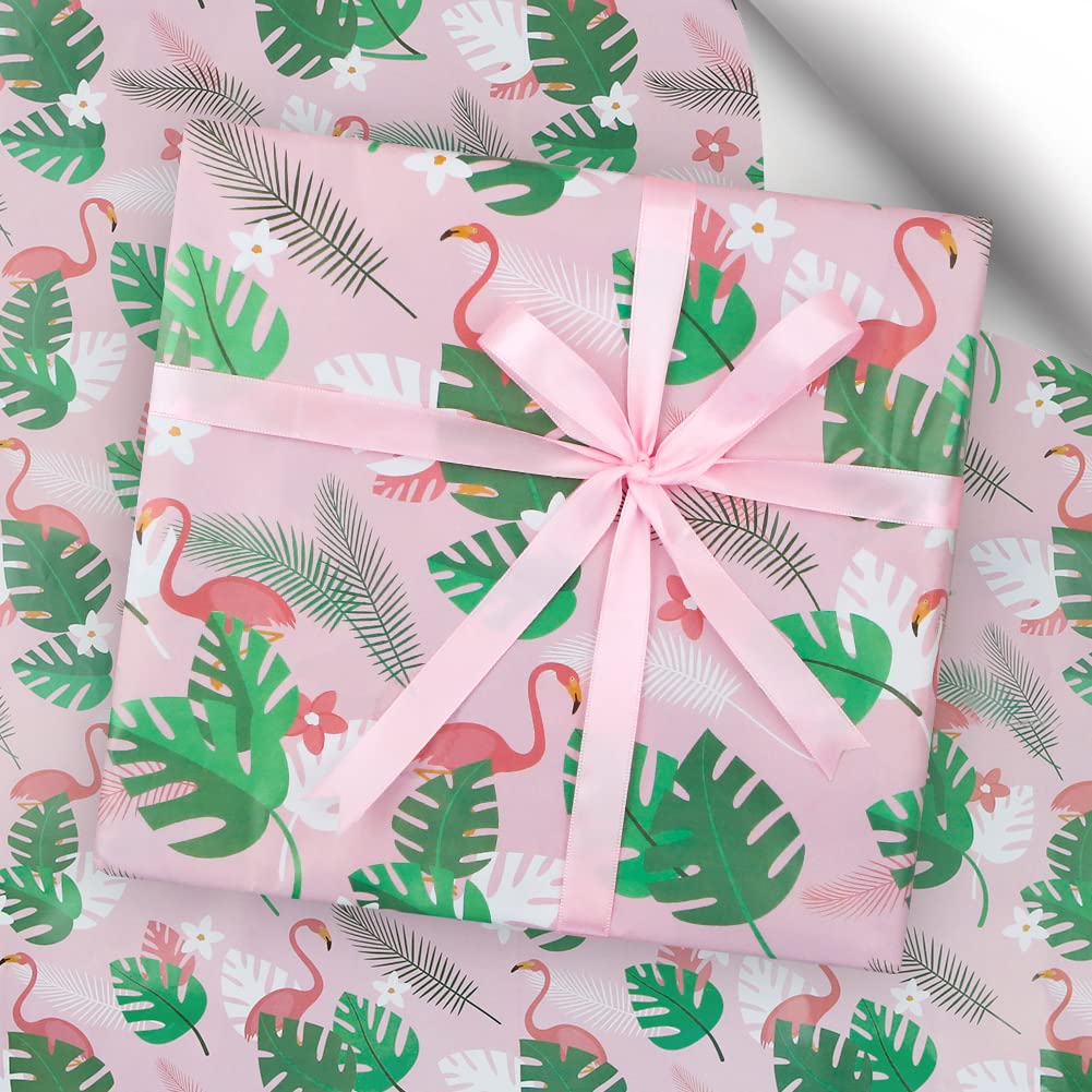 Geluode Flamingo and Palm Tree Leaves Birthday Wrapping Paper with 1 Roll Pink Ribbon, Flamingo Gift Wrap Paper 4 Sheets Folded Flat 20x28 inches per Sheet, for Birthday Wedding Baby Showers Party