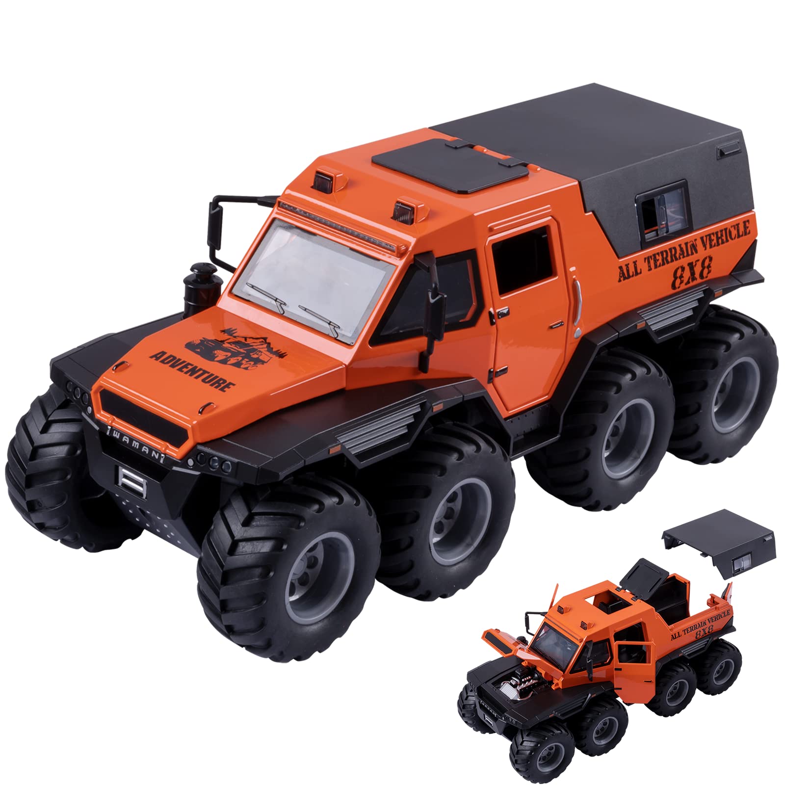 Truck Toy 8x8 Off-Road Refitted Model Adventure SUV Car 1/24 Scale Monster Trucks Pickup DieCast Metal Model Cars with Sound and Light for Kids Age 3 Year and up Orange