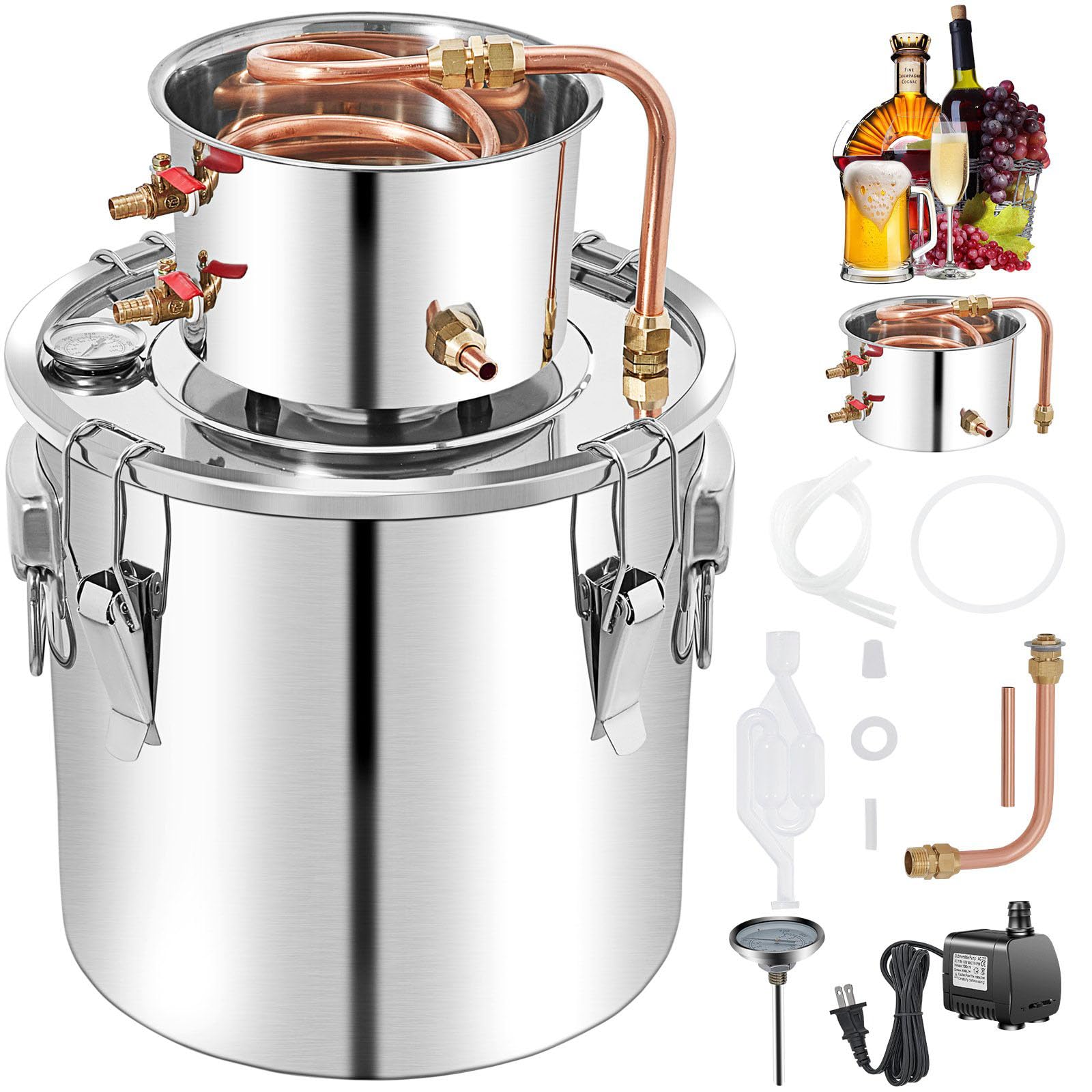 50L Alcohol Still Distillery Kit with Condenser and Pump, Whiskey Distilling Kit with Copper Tube and Thermometer, DIY Alcohol Making Kit - Stainless Steel