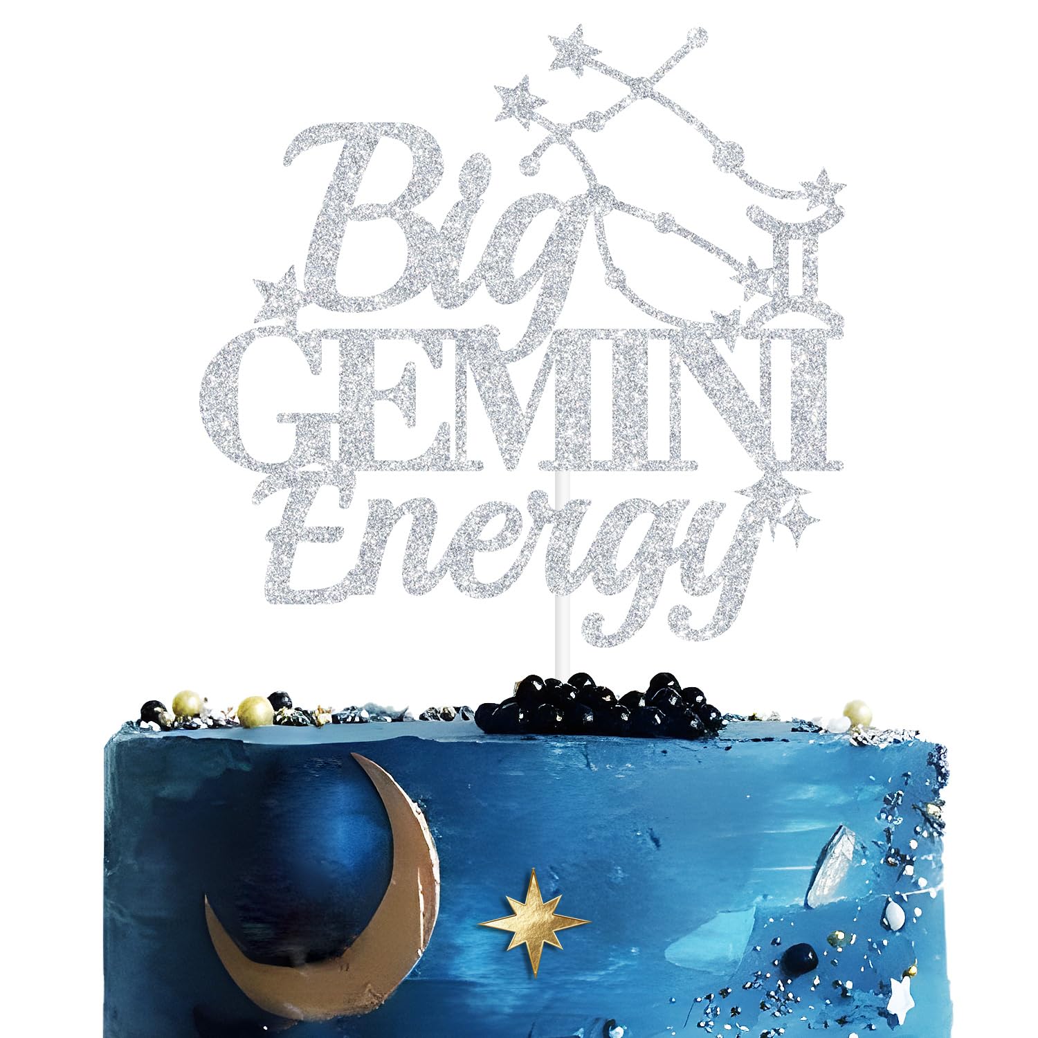 Big Gemini Energy Cake Topper, Gemini Birthday Cake Décor, 12 Zodiac Constellations Gemini Birthday Party Decorations Supplies, Silver Glitter