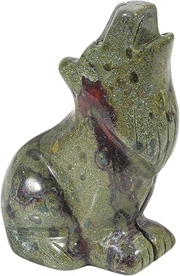 Loveliome Natural Dragon Bloodstone Wolf Crystal Figurine, Hand Carved Stone Animal Statues for Home Decor 2.5 Inches