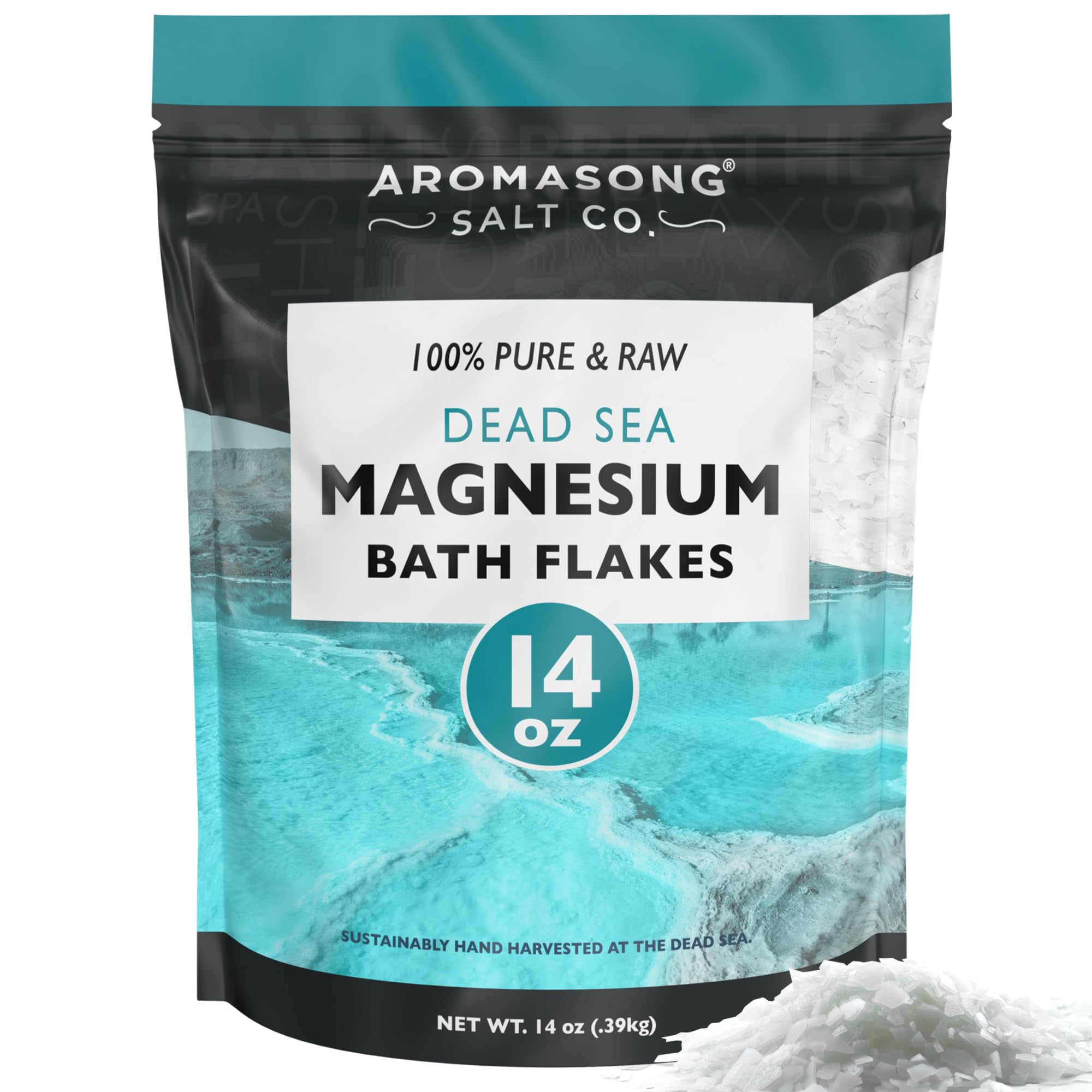 Aromasong Magnesium Flakes from The Dead Sea, 14 OZ. Resealable Pack- Muscle Relaxing Magnesium Chloride Bath Salts Soak.