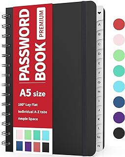 Forvencer Password Book with Individual Alphabetical Tabs, 5.3"x7.6" Medium Size Password Notebook, Spiral Password Keeper...