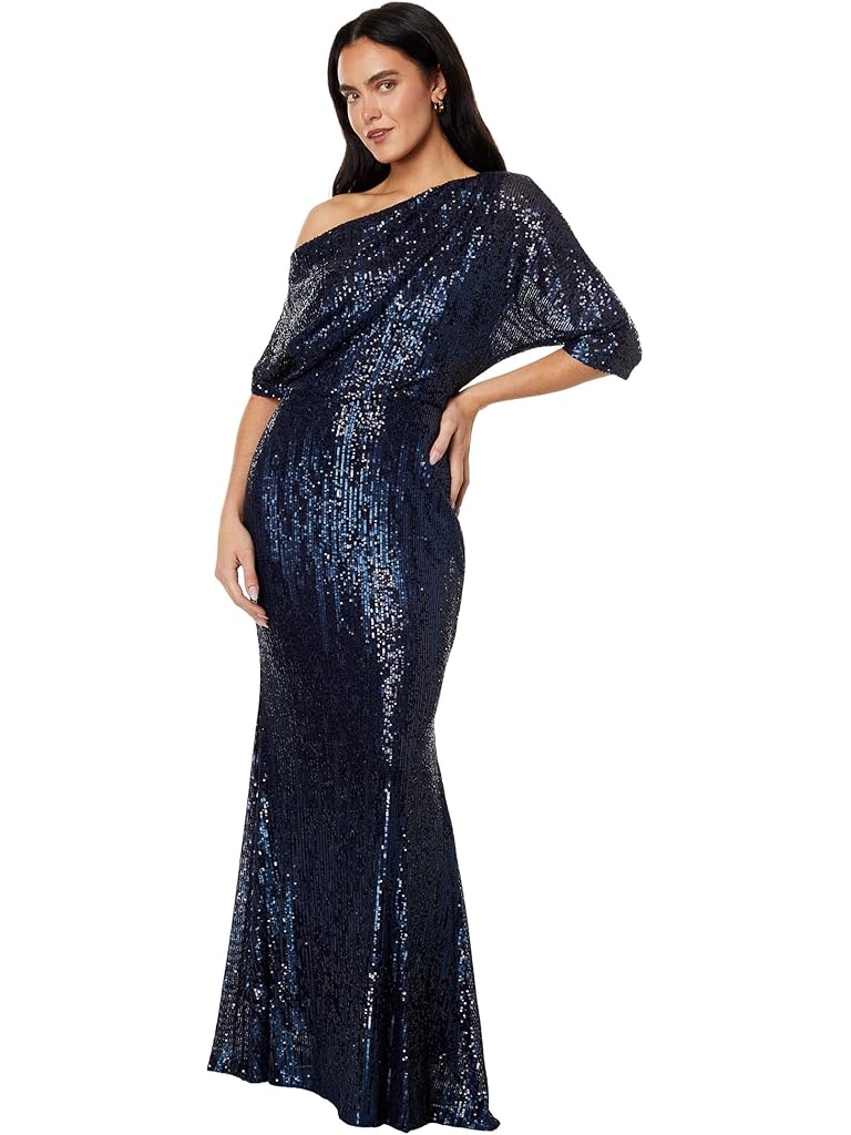 Betsy & Adam Long 3/4 Sleeve Off-the-Shoulder Sequin Dress