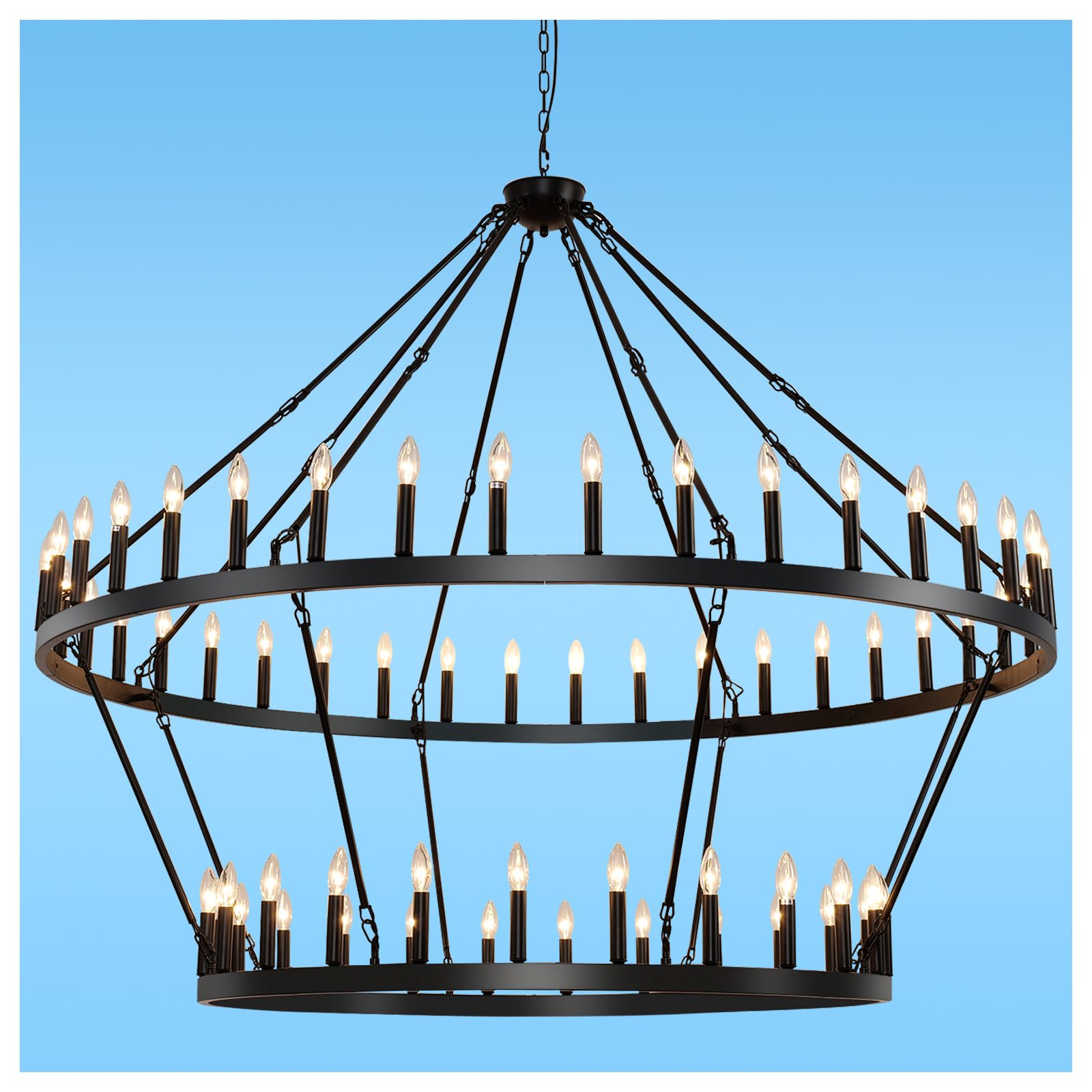 Photo 1 of Yikrfiae Black Wagon Wheel Chandelier 2 Tier 64-Lights 70 Inch Extra Large Farmhouse Pendant Light Fixture