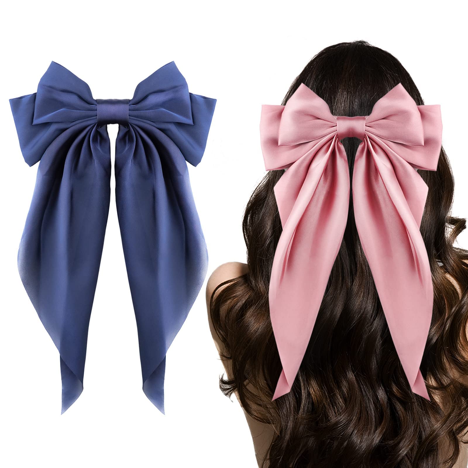 MAKINGTEC Big Bow Hair Clips,2pcs Long Tail French hair Bows for Women Girl, Satin Silk Bow Hair Barrette, Two color Bow Hair Dress Up Accessories for Birthday/Party/Show (Blue&Pink)