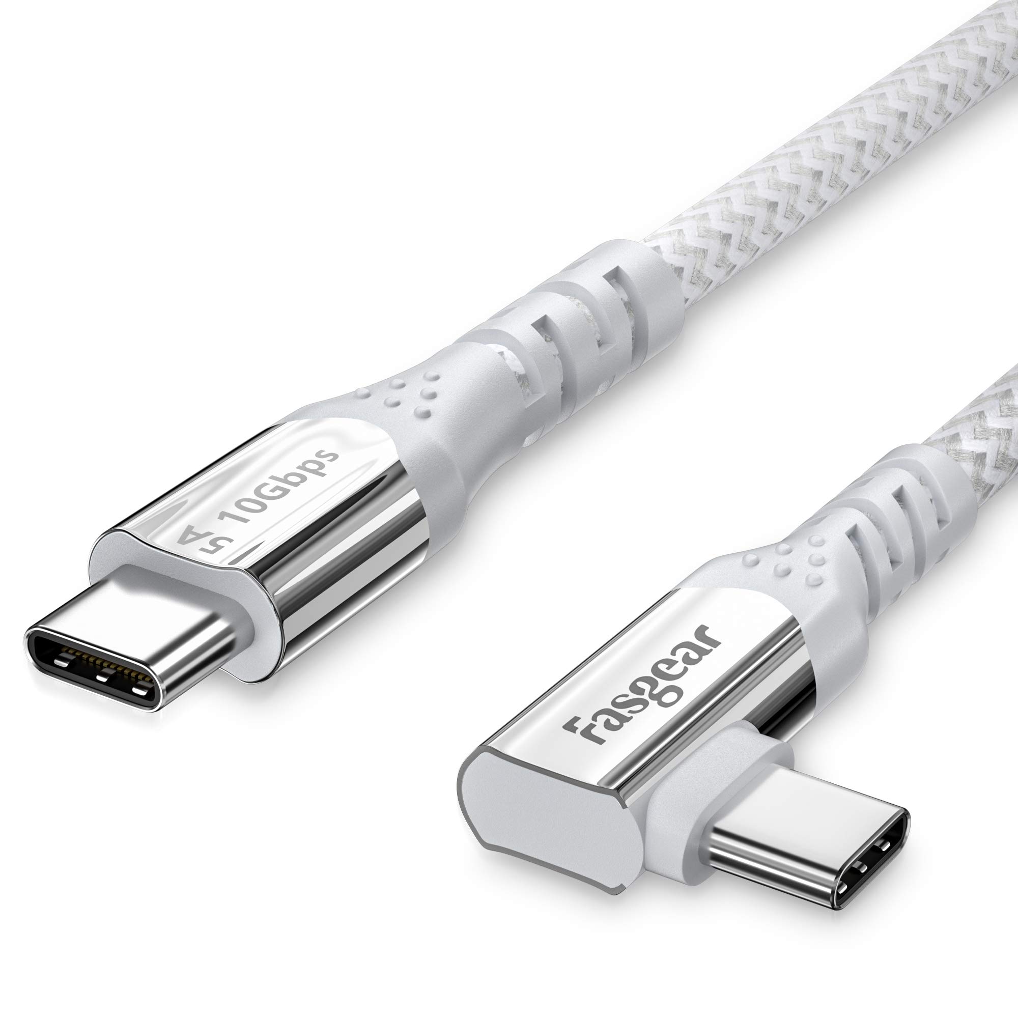 Fasgear 90 Degree USB C to Type C 3.1 Gen 2 Cable 10ft, 10Gbps 5A(100W) PD with E-Marker Chip 4K@60Hz Video Transfer Compatible for Link,VR Headset,PC Gaming,Docking Stations (White)