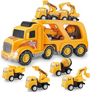 Construction Vehicle Toy Set with Sound and Light for 3-6 Year Old Kids - Trucks, Crane, Mixer, Dump, Excavator