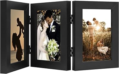 Golden State Art, 4x6 Three Picture Frame Trifold Hinged Photo Frame with 3 Openings, Desk Top Family Picture Collage, with Real Glass (4x6 Triple, Black, 1-Pack)