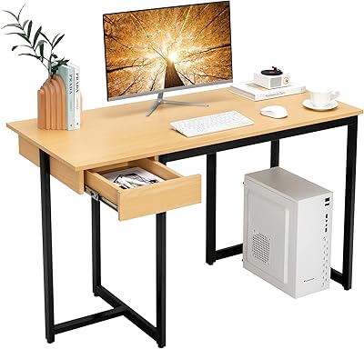 Tangkula 48” Computer Desk with Drawer, Home Office Desk with Sturdy Metal Frame, Modern Study Writing Desk, Laptop PC Desk, Computer Workstation for Study & Living Room (Natural)