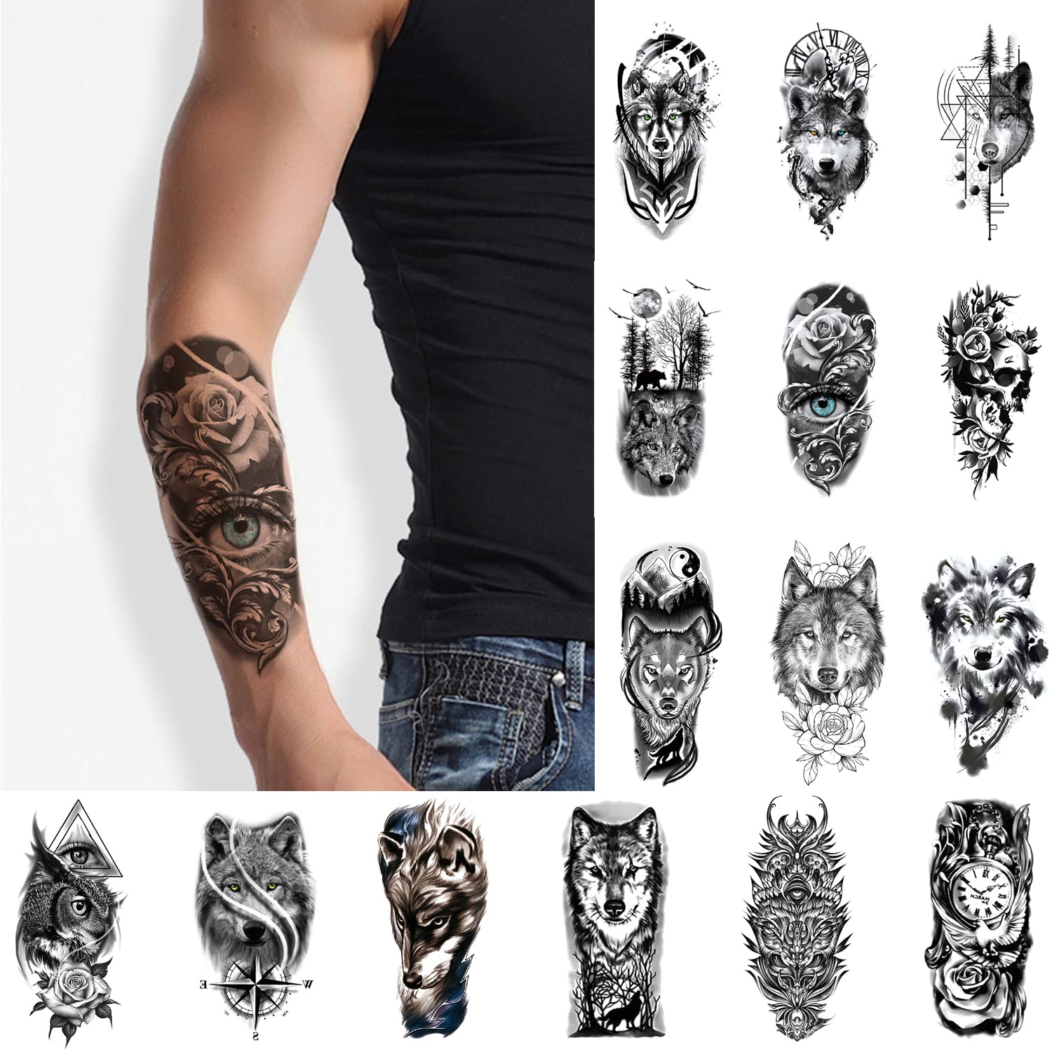 Glaryyears Animal Temporary Tattoo for Men Women Adults, 15-Pack Variety Design Large Fake Tattoos, Long-lasting Realistic Tattoos for Body Arm Leg Shoulder, Wolf Skull Eagle Eye Flower Tattoos