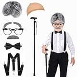 Old Man Costume Wig for Kids&comma;100 Days of School Costume for Boys and 8pcs Grandpa Costume for Kids with Mustache&comma; Cane&comma; Glasses&comma;100th Day of School Dress Up Accessories