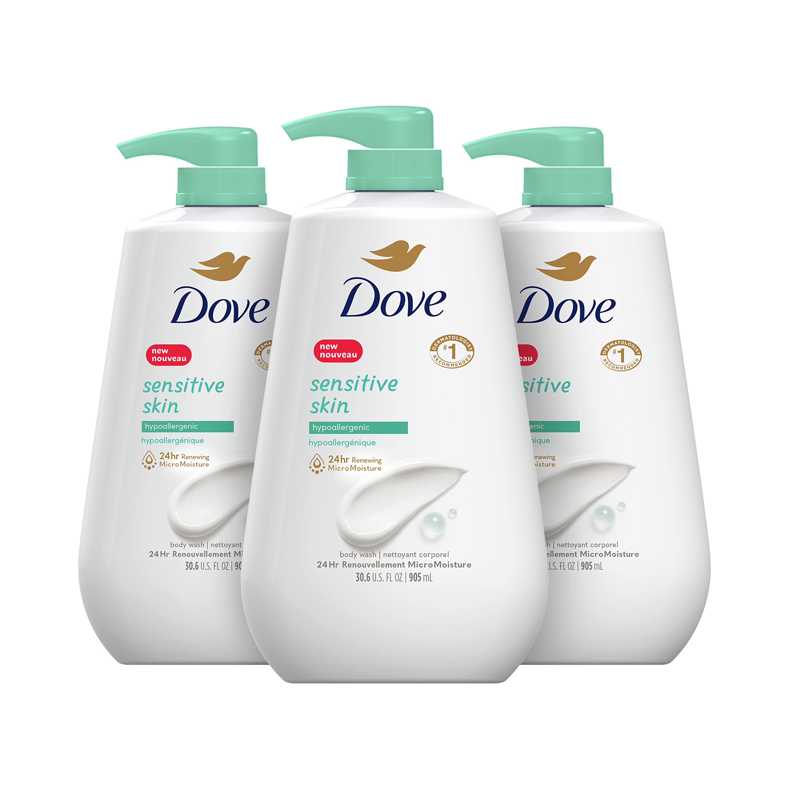 DoveBody Wash With Pump Sensitive Skin 3 Count Hypoallergenic, Paraben-Free, Sulfate-Free, Cruelty-Free, Moisturizing Skin Cleanser Effectively Washes Away Bacteria While Nourishing Skin 30.6 oz